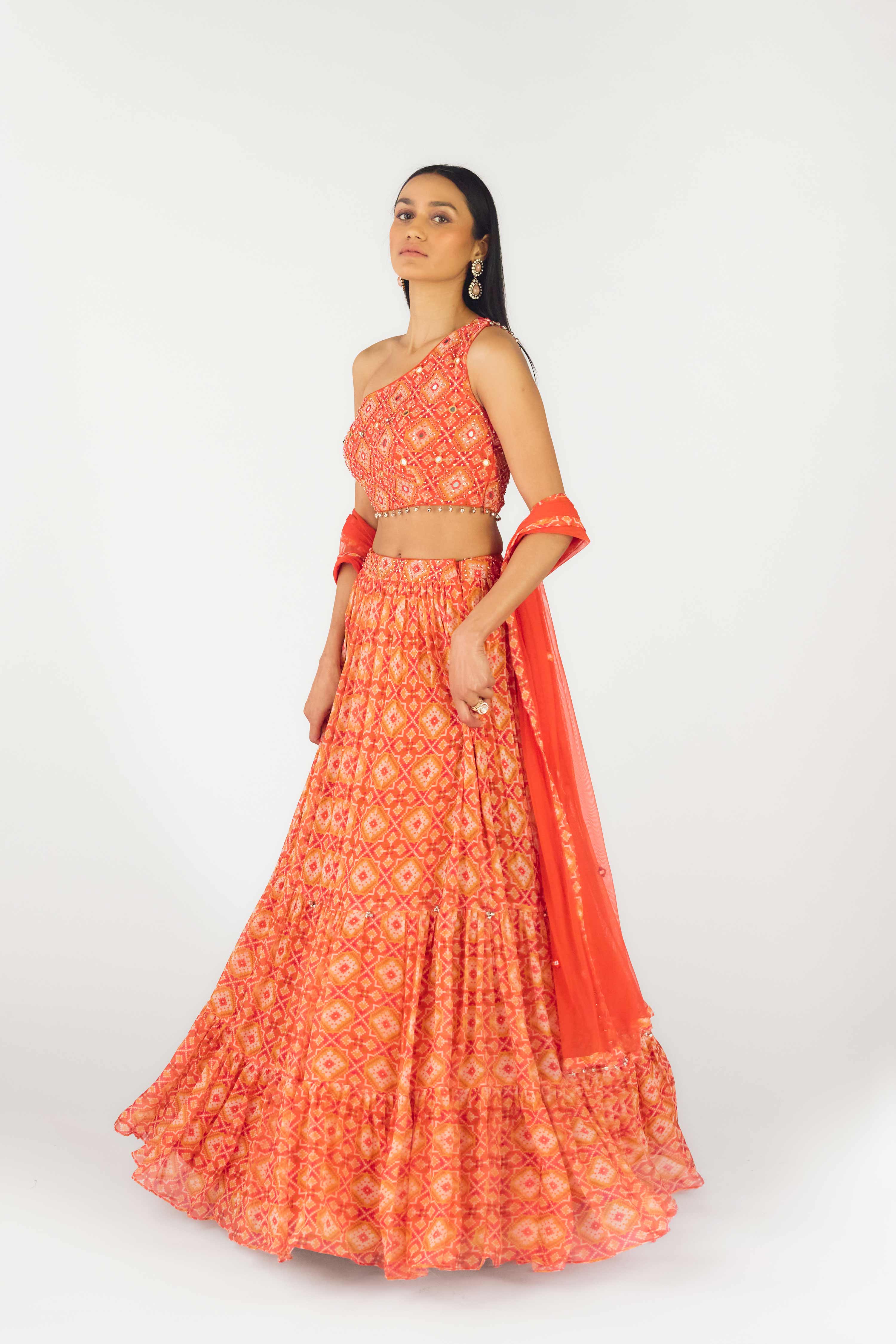 Orange Crepe Embroidered Lehenga Set