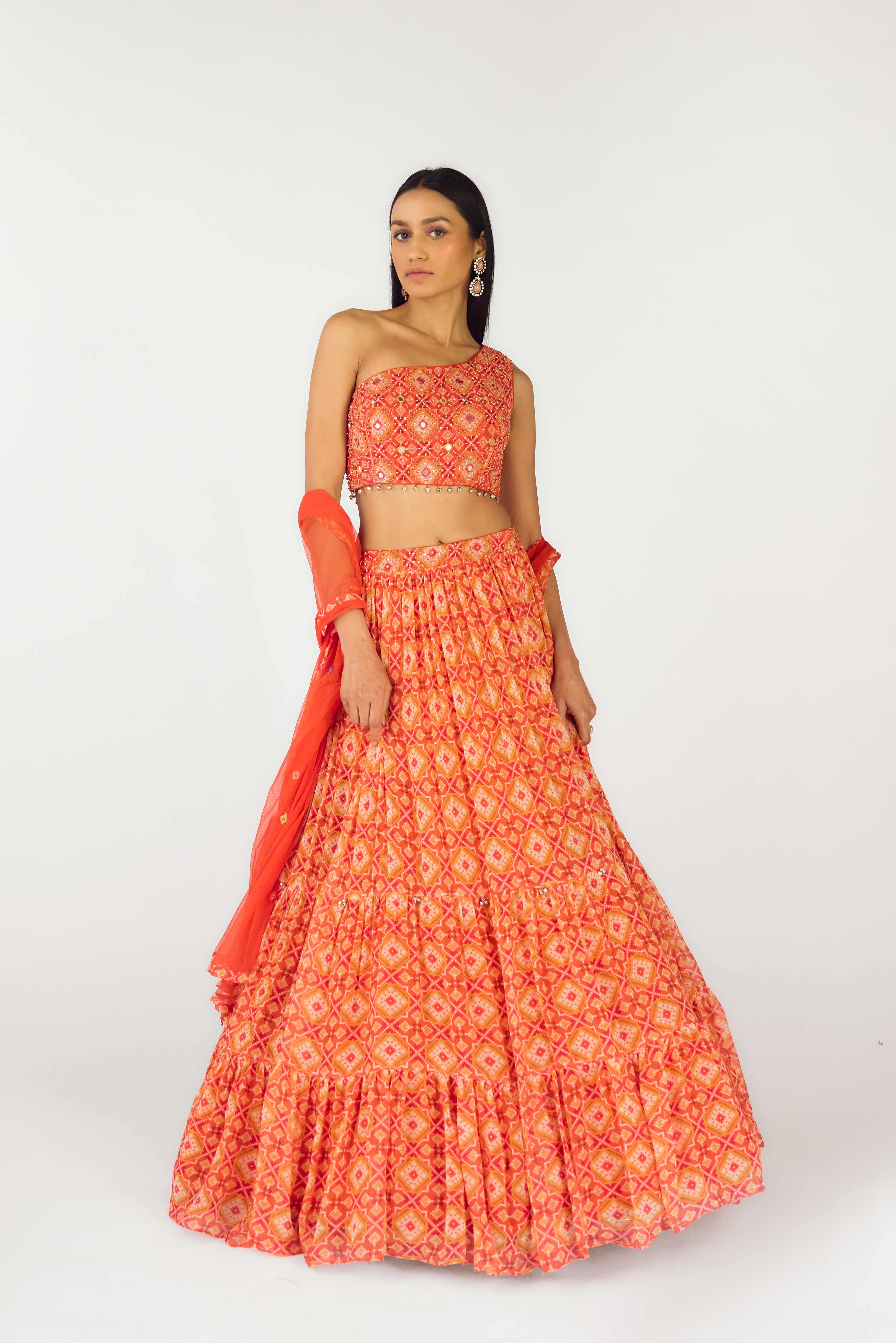 Orange Crepe Embroidered Lehenga Set