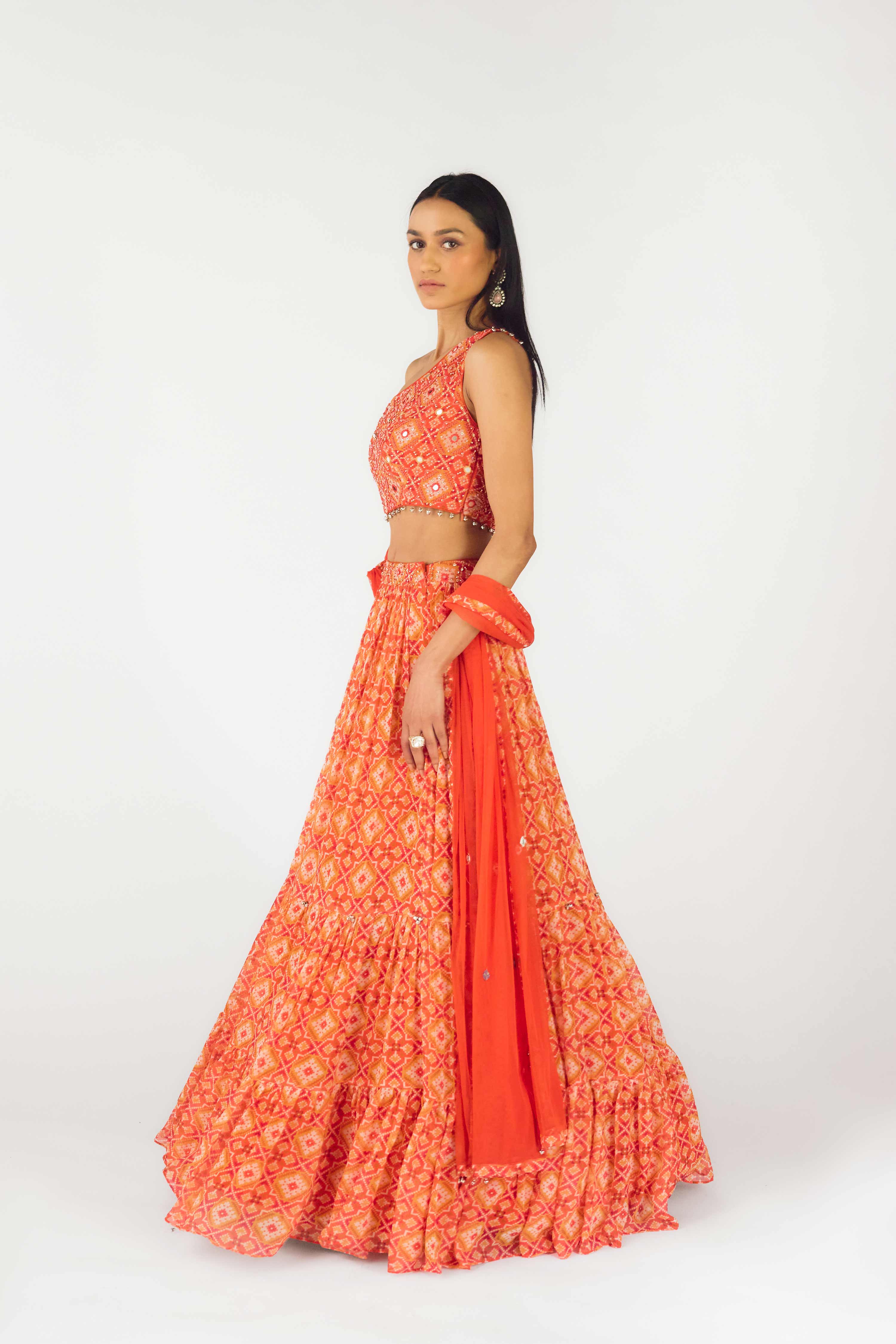Orange Crepe Embroidered Lehenga Set