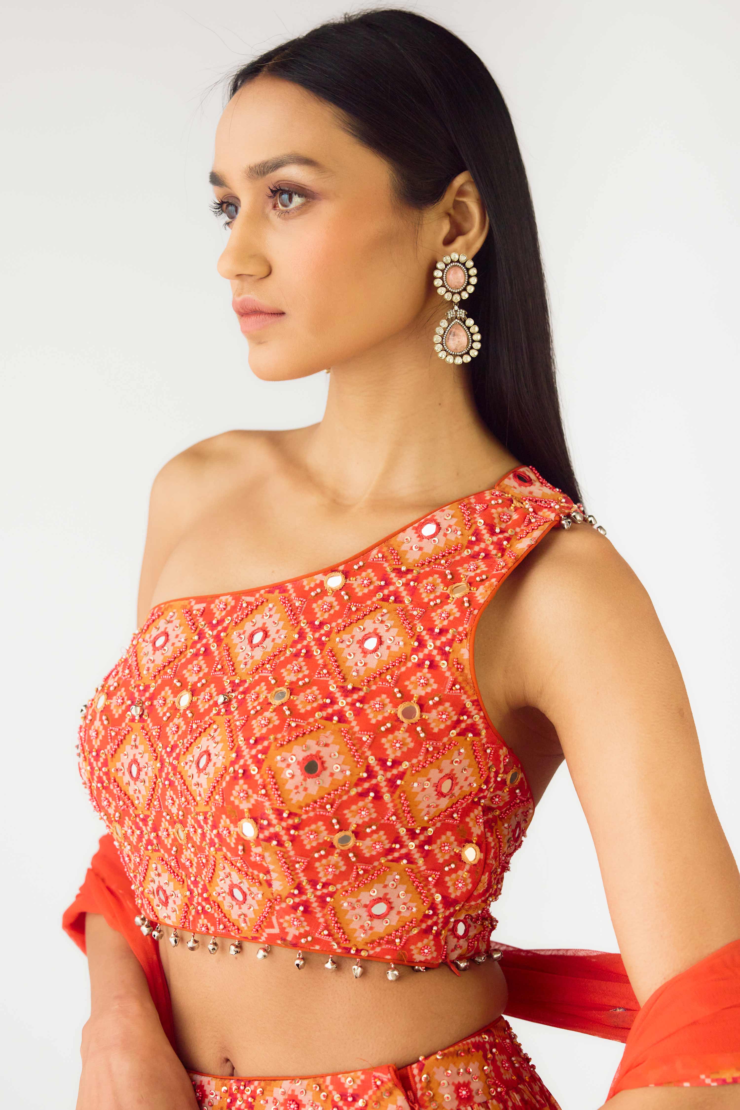Orange Crepe Embroidered Lehenga Set