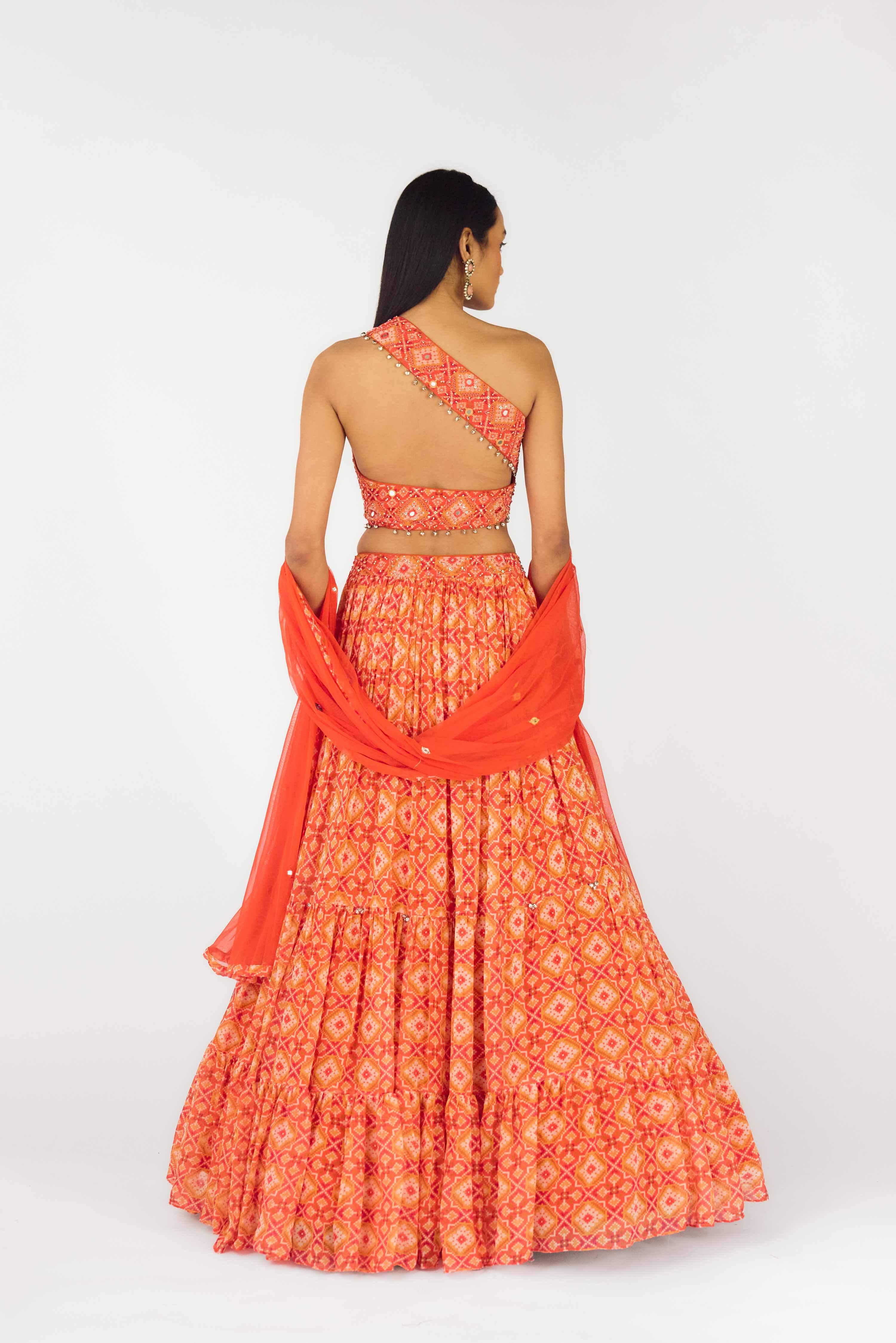 Orange Crepe Embroidered Lehenga Set